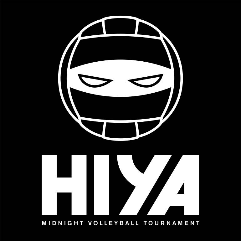 hiya-new-logo Large icon of volleyball combined with ninja eyes and smaller HIYA text underneath and “Midnight Volleyball Tournament” in smaller letters below