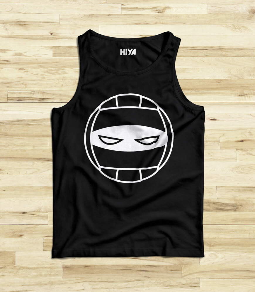 hiya-volleyball-shirt-front Black tank top with icon of volleyball combined with ninja eyes