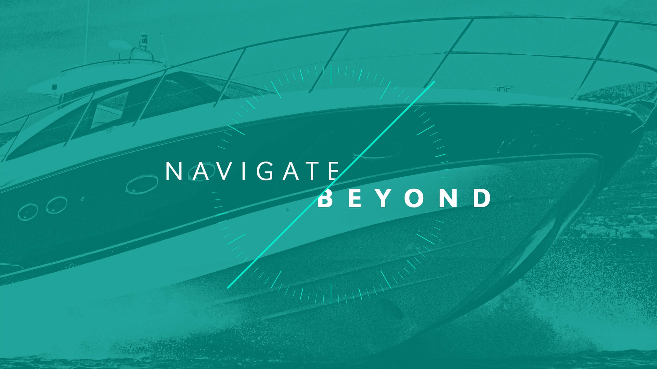 ibex18-single-hero-image Blue-green tinted image of small yacht with dial and diagonal line on top and the words “navigate beyond” in the center
