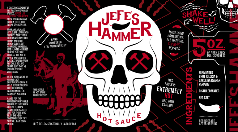 jefes-hammer-label-D Sauce bottle black label with white skull design in the middle and text/imagery collaged on either side