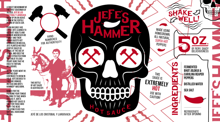 jefes-hammer-label-E Sauce bottle white label with black skull design in the middle and text/imagery collaged on either side