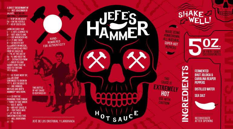jefes-hammer-label-F Sauce bottle red label with black skull design in the middle and text/imagery collaged on either side