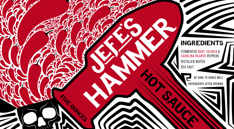 jefes-hammer-label-H Sauce bottle label with repeating pepper icons on left, large red hammer icon with text in middle, and black and white pattern on right