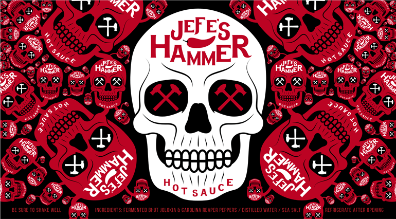 jefes-hammer-label-I Sauce bottle black label with white skull design in the middle and smaller versions/orientations of the skulls in red on either side