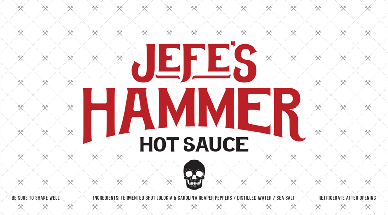 jefes-hammer-label-J Sauce bottle white label with bespoke hammer pattern in background and large red logo text in center