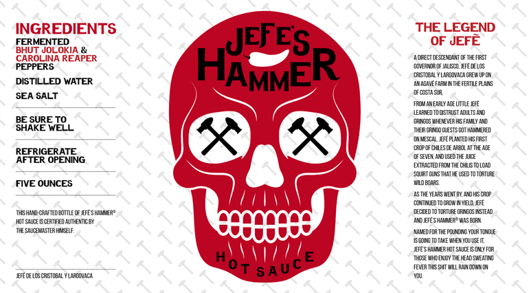 jefes-hammer-label-L Sauce bottle white label with red skull design in the middle and text on either side