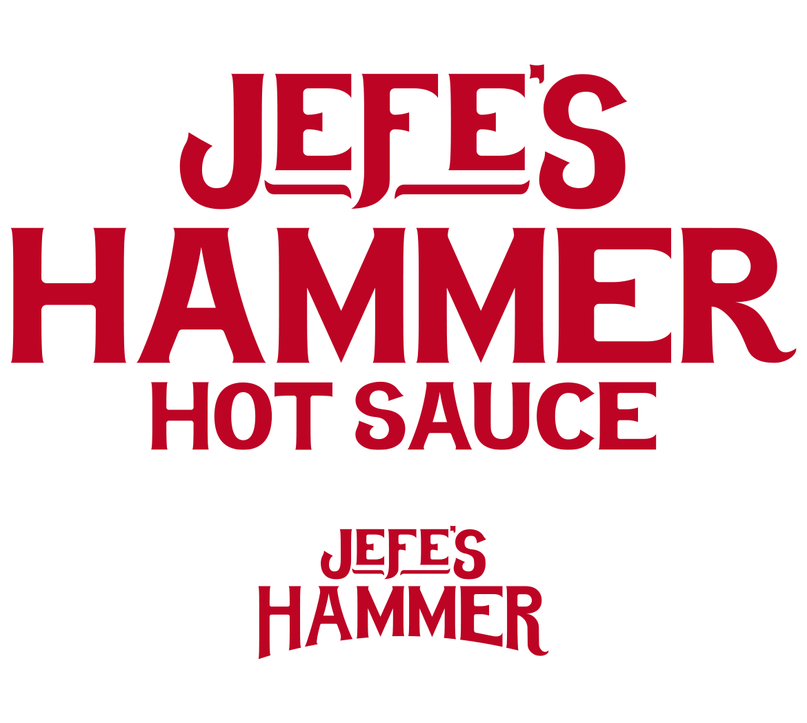 jefes-hammer-logo Two logo lockups, both in red text on a white background