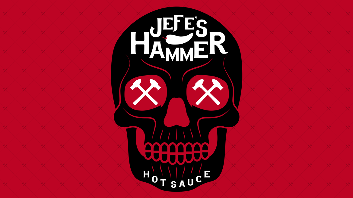 jefes-hammer-single-hero-image Black skull with white text and white hammers in eye sockets sitting on a red background with bespoke hammer pattern